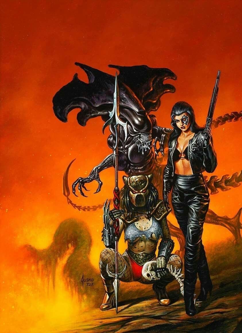 Alien Queen, female Predator, and Terminatrix. Art by Joe Jusko #scifiart