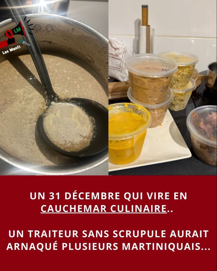 Vince97215's tweet photo. Le 31 décembre 2025, plusieurs familles martiniquaises affirment avoir été victimes d’une arnaque de la part du traiteur Kyli’Naire, activité de cheffe à domicile portée par Moucle Laurhy. Des repas de réveillon ont été commandés et payés à l’avance, entre 300 et 420 euros, pour une livraison annoncée entre 18h et 19h. À l’heure dite : rien. Puis le silence. Appels ignorés, messages sans réponse, promesses tardives jamais tenues.

Quand des livraisons ont finalement lieu, parfois après 23h, le constat est brutal : plats mélangés, portions insuffisantes, desserts manquants ou fondus, viandes presque crues, plats non conformes, chaîne du froid non respectée, aliments jugés immangeables. Plusieurs foyers affirment n’avoir rien pu consommer le soir du réveillon. Après cela, disparition totale : comptes désactivés, plus aucun contact. Des clients évoquent des malaises alimentaires, d’autres un réveillon improvisé à la dernière minute.

Les témoignages s’accumulent et dessinent un même schéma : argent encaissé, prestation non honorée, silence absolu. Soignants, familles, groupes en location saisonnière racontent la même soirée gâchée.

Dans la foulée, une ancienne associée de Moucle Laurhy affirme avoir elle aussi été victime de faits similaires, indiquant que la mise en cause aurait quitté un projet commun sans avoir investi, en partant avec la caisse, avant de disparaître.

Ce 31 décembre, pendant que l’île fêtait la nouvelle année, des dizaines de Martiniquais sont entrés en 2026 le ventre vide, le portefeuille allégé et sans réponse.

Source : @Lasmanti972