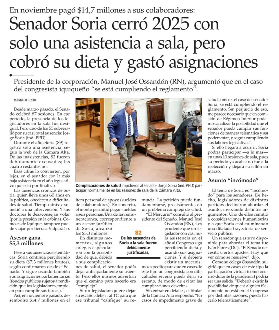 pablolirar's tweet image. 📍Impresentable. 
Senador Jorge "choro" Soria cerró 2025 con solo una asistencia a sala, pero cobró su dieta y gastó asignaciones. En noviembre pagó $14,7 millones a sus colaboradores. 
Un robo a mano armada. FIN