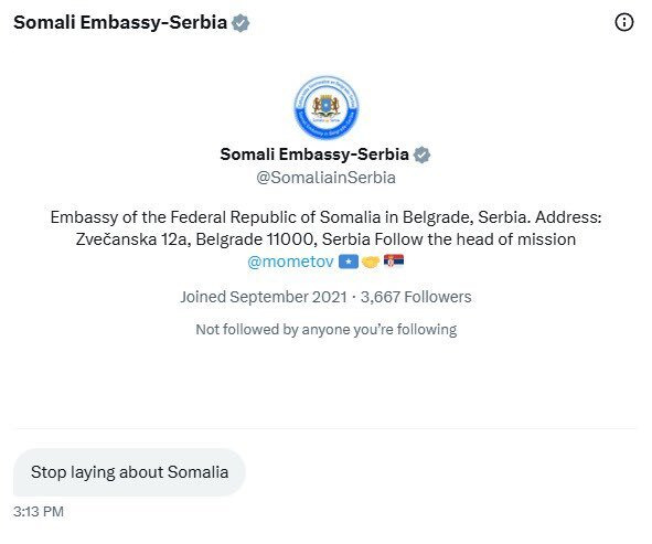 MarioNawfal's tweet image. 🇸🇴🇷🇸 SOMALI EMBASSY IN SERBIA DM'S LIBS OF TIKTOK: "STOP LAYING ABOUT SOMALIA" 

The Somali Embassy in Serbia just slid into Libs of TikTok's DMs with a hilariously misspelled zinger: 

"Stop laying about Somalia," probably meaning "lying" but landing like a grammar grenade.…