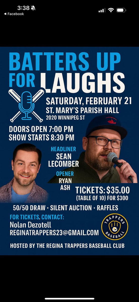 ⚾😂 Batters Up for Laughs! 😂⚾

Join us for a night of big laughs and good times!!

📅 Saturday, February 21
📍 St. Mary’s Parish Hall (2020 Winnipeg St)
🚪 Doors open 7:00 PM | 🎤 Show starts 8:30 PM

For tickets please email reginatrappers23@gmail.com

#TrapperNation
