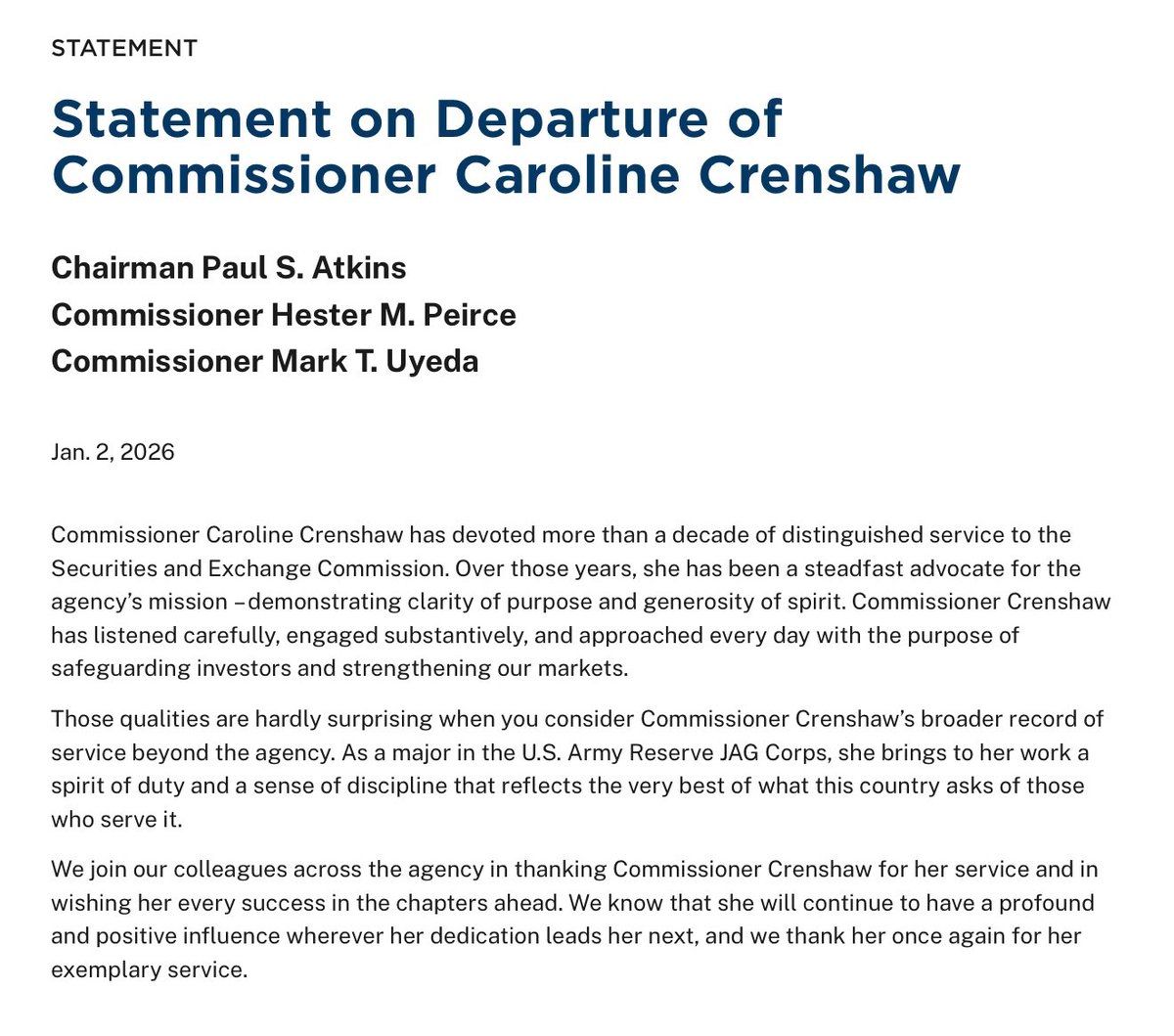 🇺🇸SEC 크렌쇼 위원 사임…비트코인 ETF 정책 변화 주목 https://t.co/fqy7oaD4GW