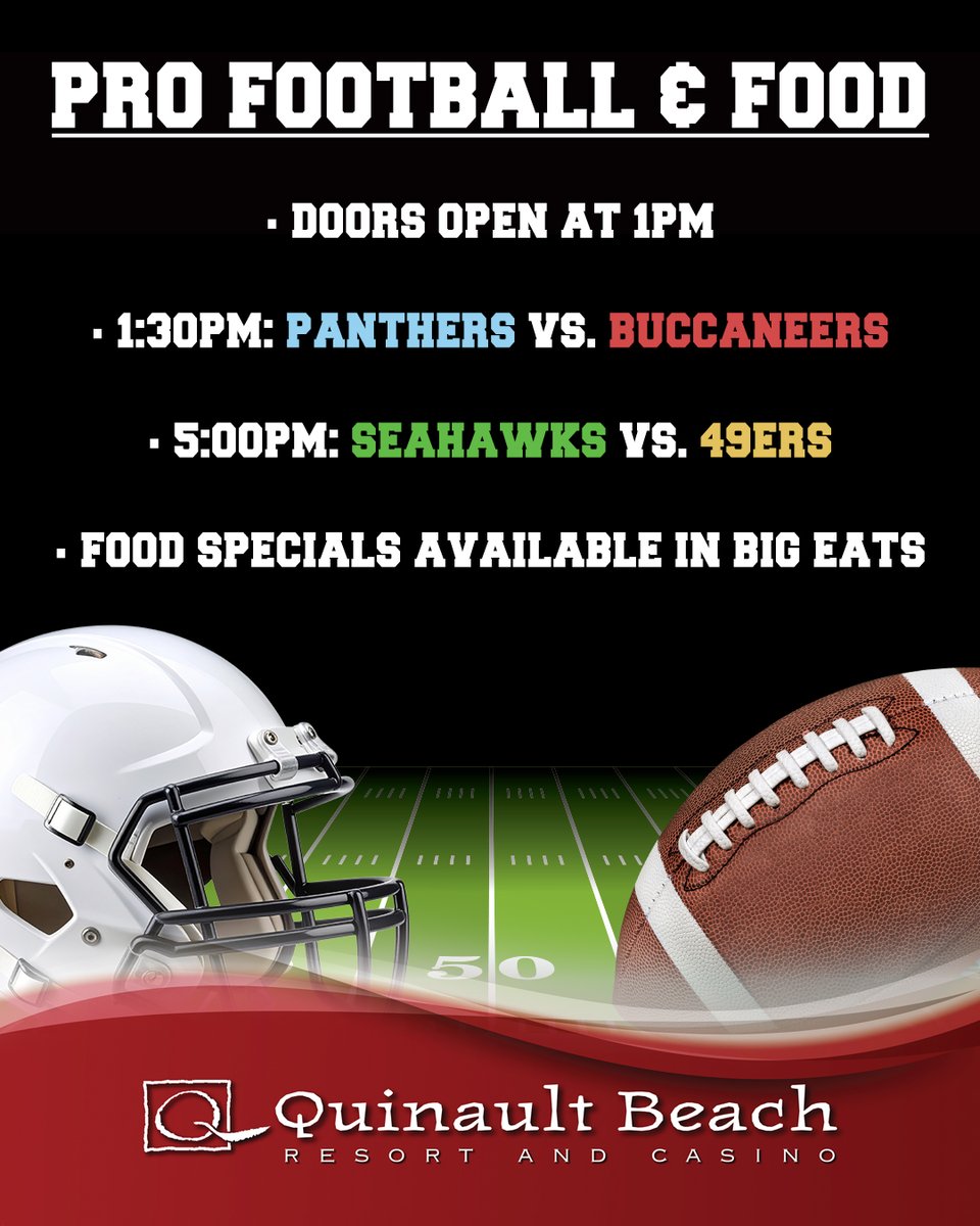 QBRC's tweet image. Join us for a FREE Football Viewing Party at QBRC!

 - Doors Open: 1PM
 - Panthers vs. Buccaneers: 1:30PM
 - Seahawks vs. 49ers: 5PM
 - Food specials available in Big Eats

All eyes on the Hawks,  let’s get loud! 💙💚

For more info, visit: quinaultbeach.com/free-viewing-p…