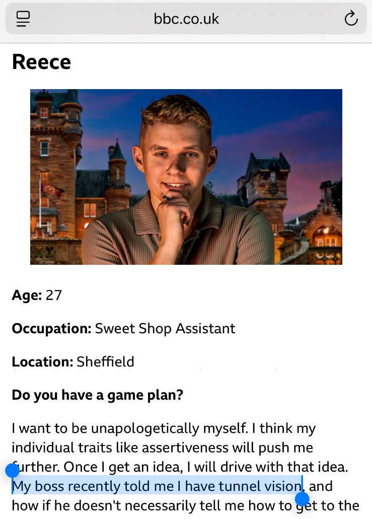 love the concept of Reece having tunnel vision working in the sweet shop.  locked in on the Rhubarb &amp; Custard #TheTraitors