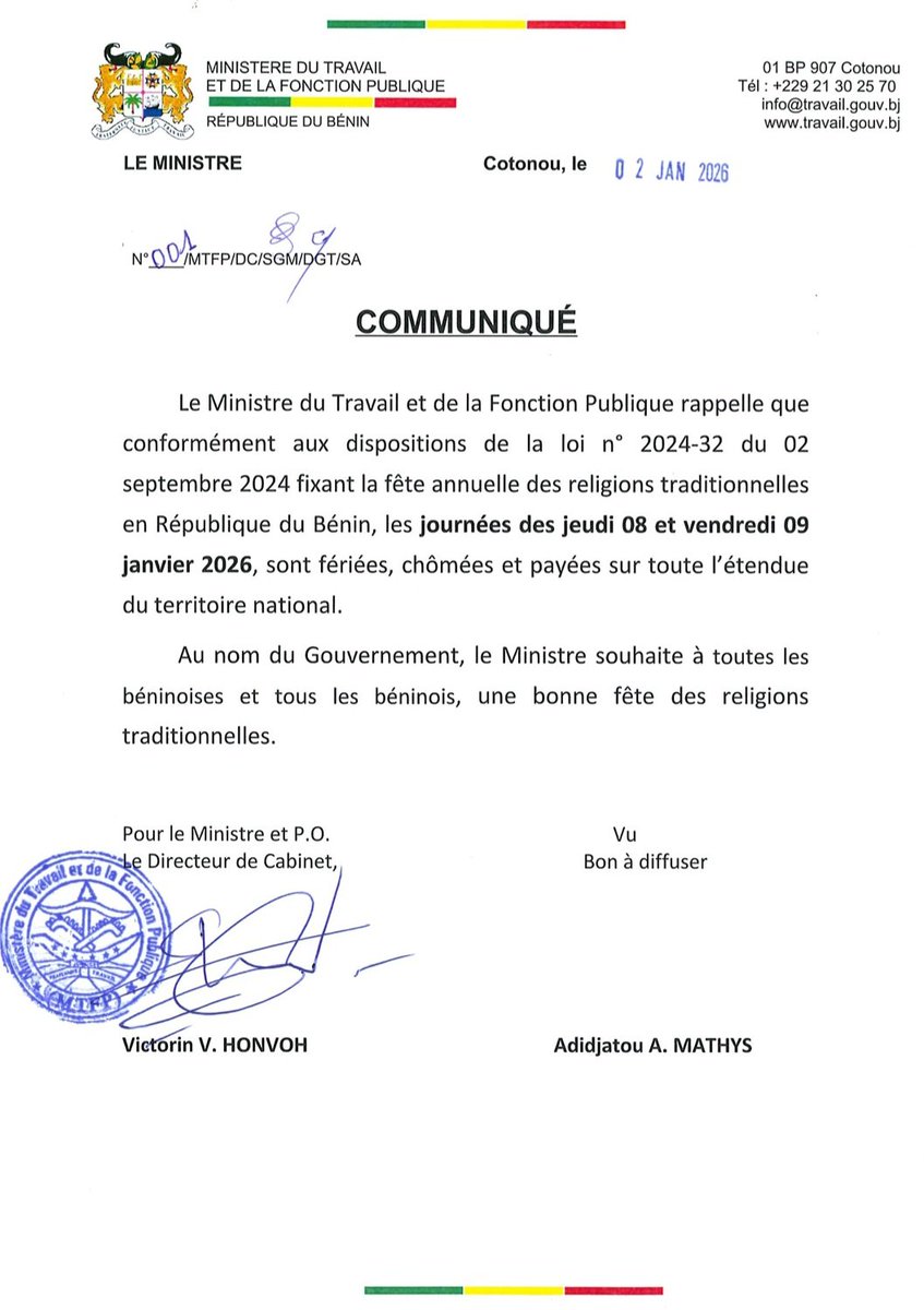 gouvbenin's tweet image. 🚨 Communiqué du #MTFP relatif aux journées du jeudi 08 et du vendredi 09 Janvier 2026 déclarées fériées, chômées et payées sur toute l’étendue du territoire national à l'occasion de la célébration de la fête annuelle des religions traditionnelles,  édition 2026.