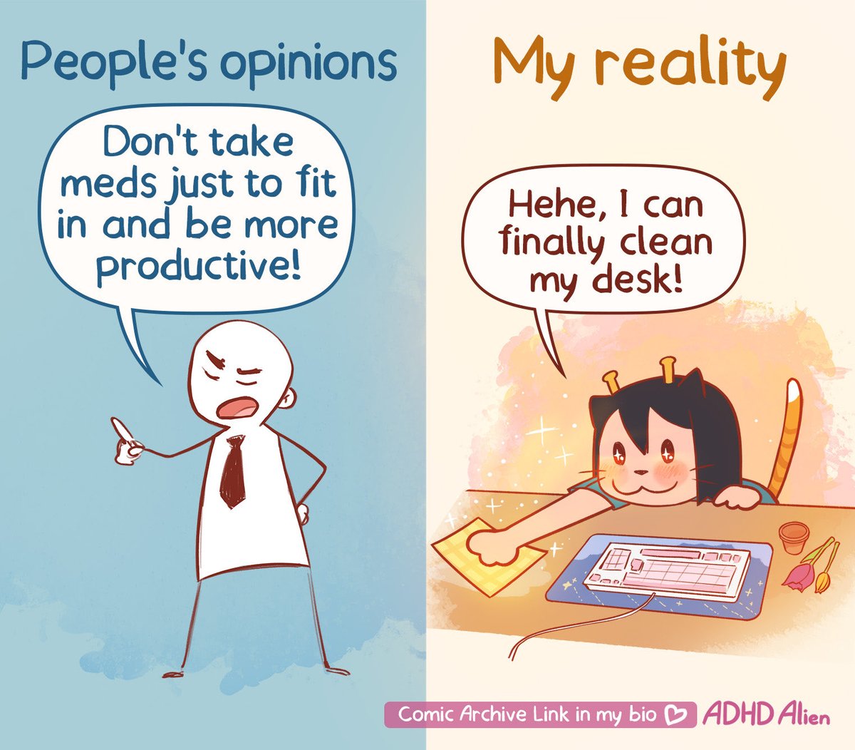Wanting to fit into society by *checks notes* having a clean desk