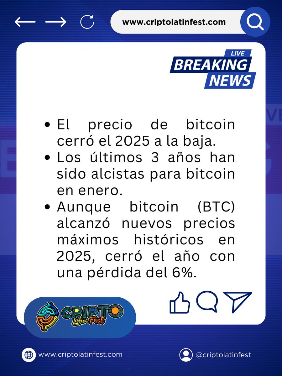 Aunque bitcoin (BTC) alcanzó nuevos precios máximos históricos en 2025,  cerró el año con una pérdida del 6%. Lo empezó cotizando alrededor de  93.500 dólares (USD) y lo culminó en los 87.500. ¿