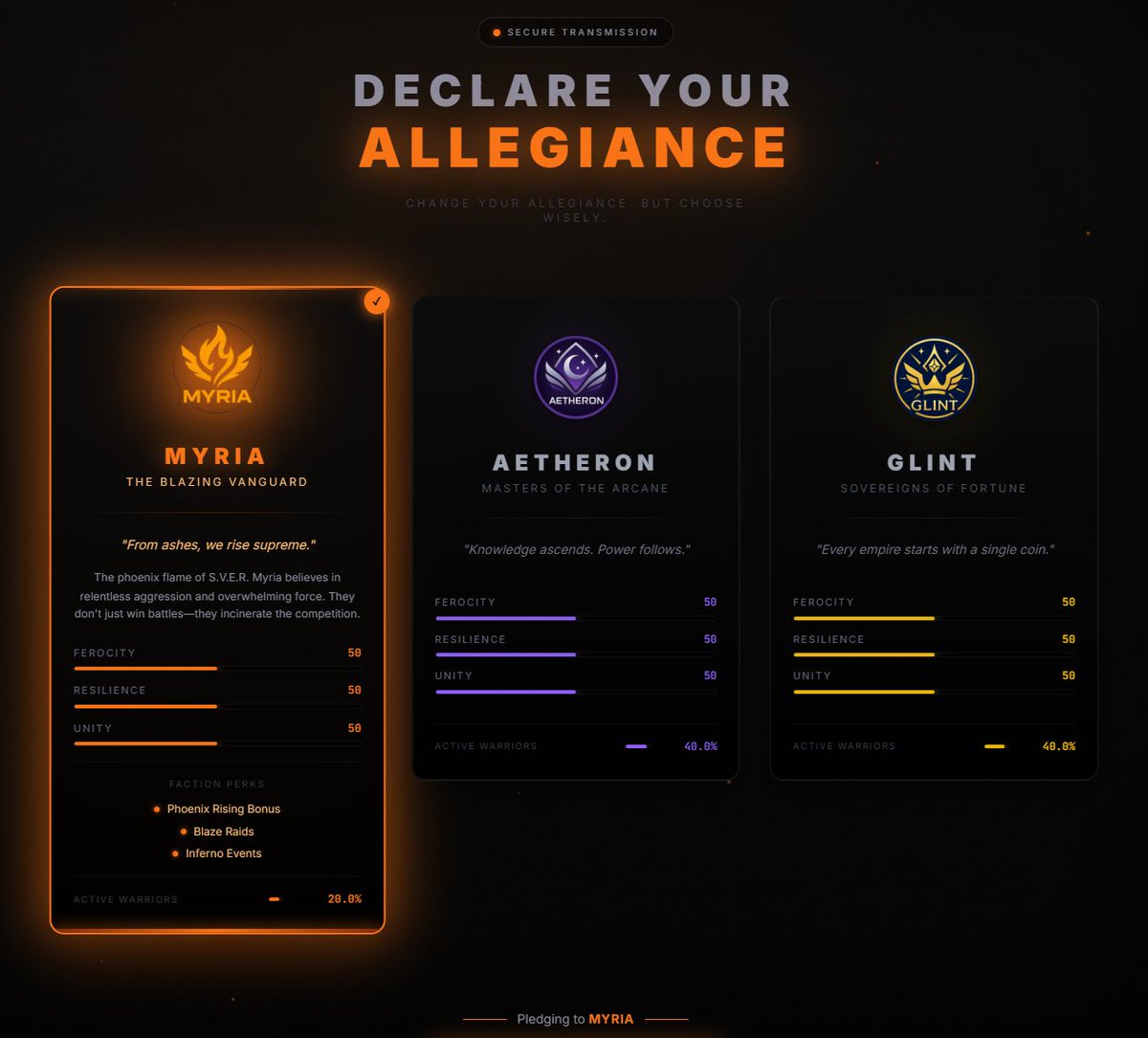 WeAreSVER's tweet image. S.V.E.R is built around factions. Your engagement helps boost creators in discovery. This communitive aspect is our way of encouraging you to do more than just lurk. sver.tv #TheGreatMigration #FactionWars #JoinTheFaction #Myria #Aetheron #Glint #TwitchAlternative