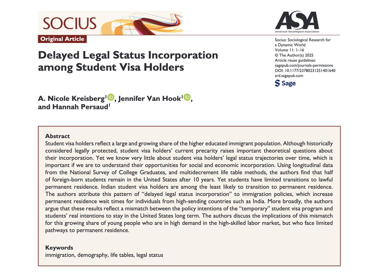 SociusJournal's tweet photo. How Temporary Are Temporary Student Visas?
@nicokreis, J. Van Hook, and H. Persaud use #longitudinaldata to study the factors influencing the potential transition to #permanentresidence for #internationalstudents.
Read: https://t.co/iwV4i2WEsH https://t.co/gD8RYoBGPA