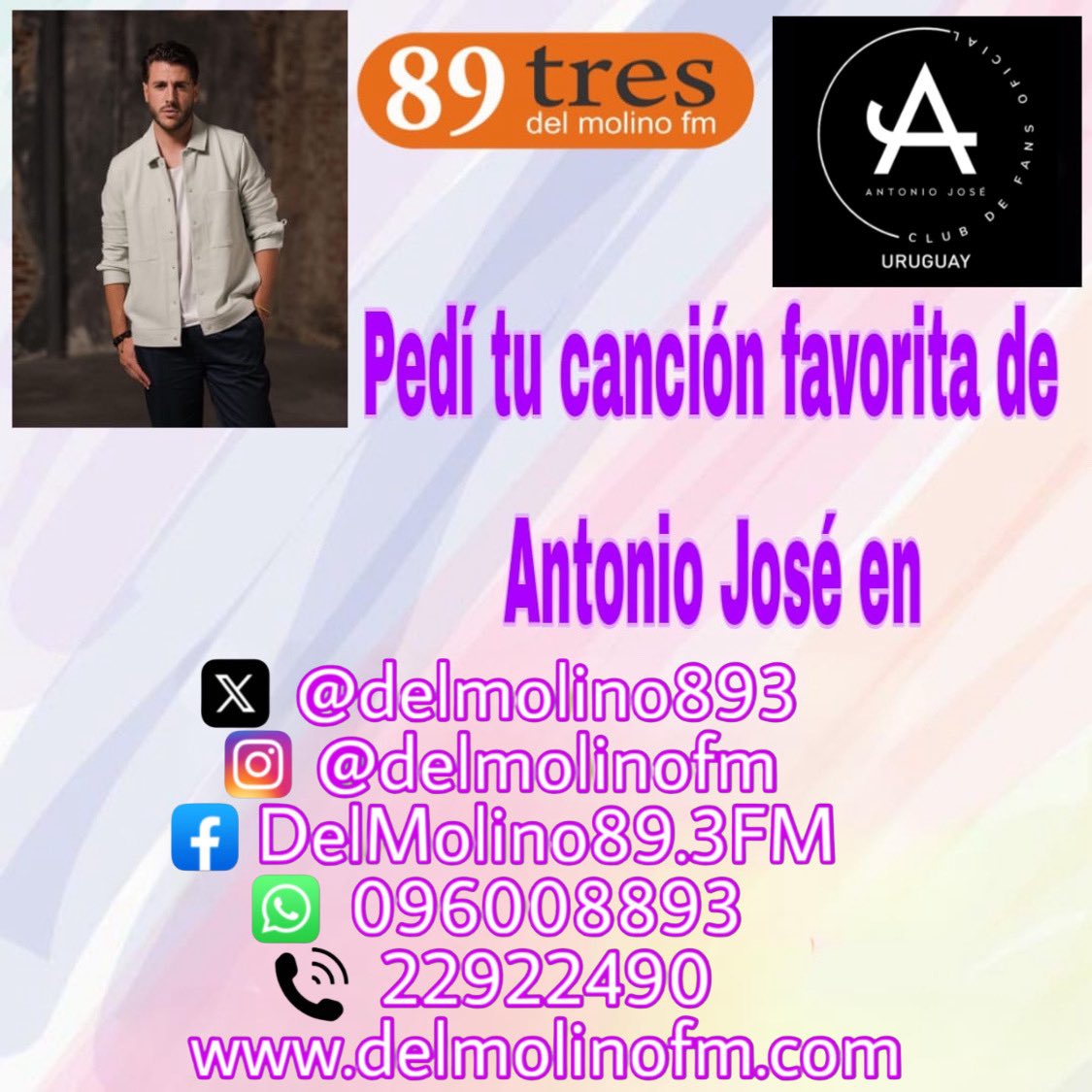 Pedí todas las canciones de ANTONIO JOSÉ en <a href="/delmolino893/">Del Molino 89.3 FM</a> !!
<a href="/AntonioJSMazuec/">Antonio José</a> <a href="/OfficialCFAJose/">ANTONIO JOSÉ CFO</a> @umuruguay @umargentina @universalspain 

#antoniojosé #antoniojoseofficial #delmolinofm #delmolinofm893