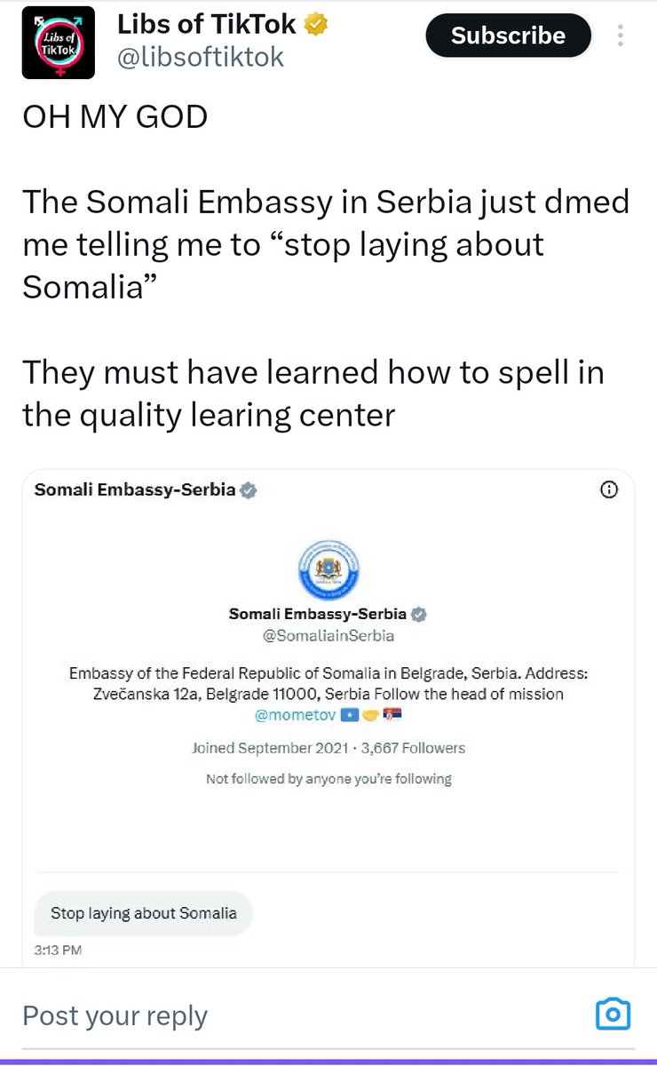 SSTHawdReserve's tweet photo. Safaaradda Soomaaliya ee dalka Serbia 🇷🇸 oo iyada oo xanaaqsan la xidhiidhay warbaahinta @libsoftiktok, kuna tidhi: “Somalia beenta ka daa.” Soomaaliya ayaa aad iyo aad uga xanaaqsan in ceebtooda adduunka la tuso. https://t.co/iObnHHsP4O