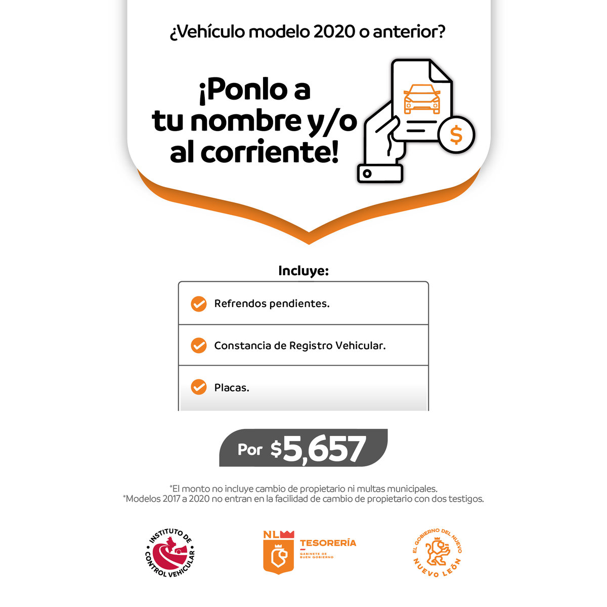 ¿Tienes un vehículo 2020 con adeudos en refrendo desde hace varios años?🚗
Aprovecha que este año nuestro programa Ponlo a tu Nombre o al Corriente se amplió para cubrir también dichos modelos. Paga una cuota fija de $5,657 y regulariza tu unidad.