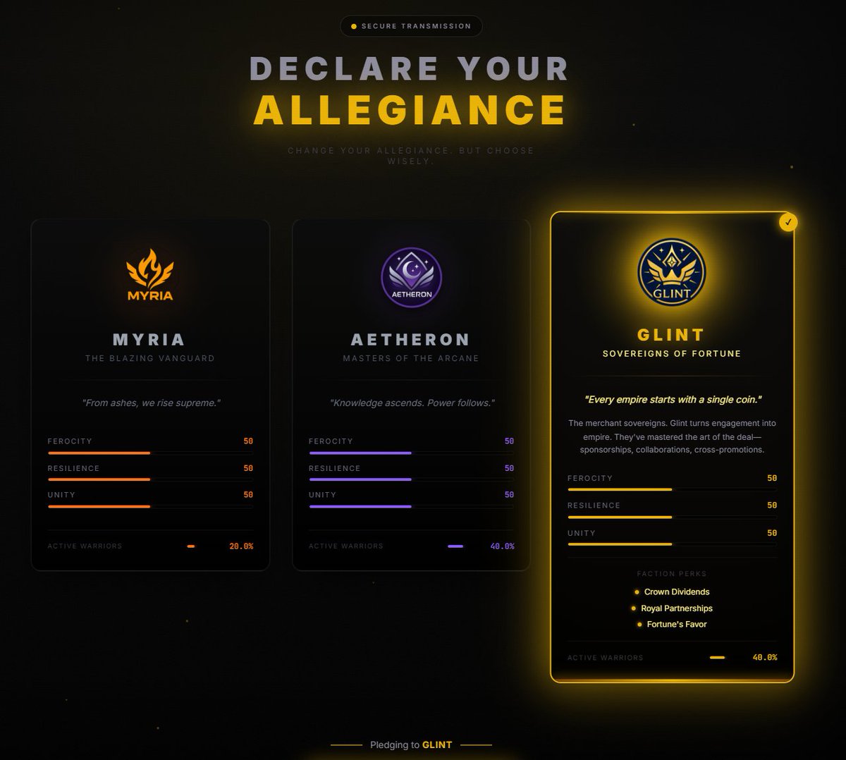 WeAreSVER's tweet image. S.V.E.R is built around factions. Your engagement helps boost creators in discovery. This communitive aspect is our way of encouraging you to do more than just lurk. sver.tv #TheGreatMigration #FactionWars #JoinTheFaction #Myria #Aetheron #Glint #TwitchAlternative