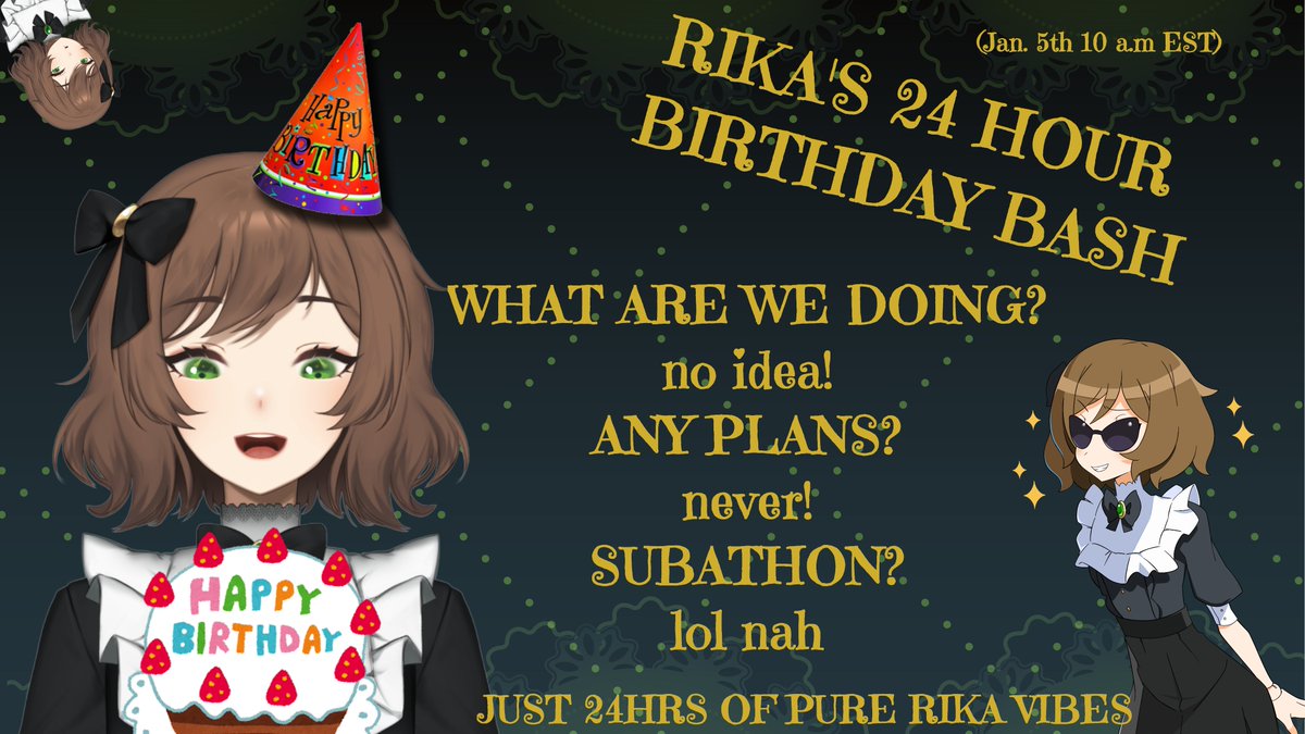FredricaRika's tweet image. MY BIRTHDAY IS COMING UP AND YOU KNOW WHAT THAT MEANS! ANNUAL 24 HOUR STREAM WHERE I JUST DO WHATEVER COMES OUT THE TOP OF MY HEAD AND SWITCH GAMES SO MUCH THAT YOU CAN TELL HOW UNMEDICATED I AM!!