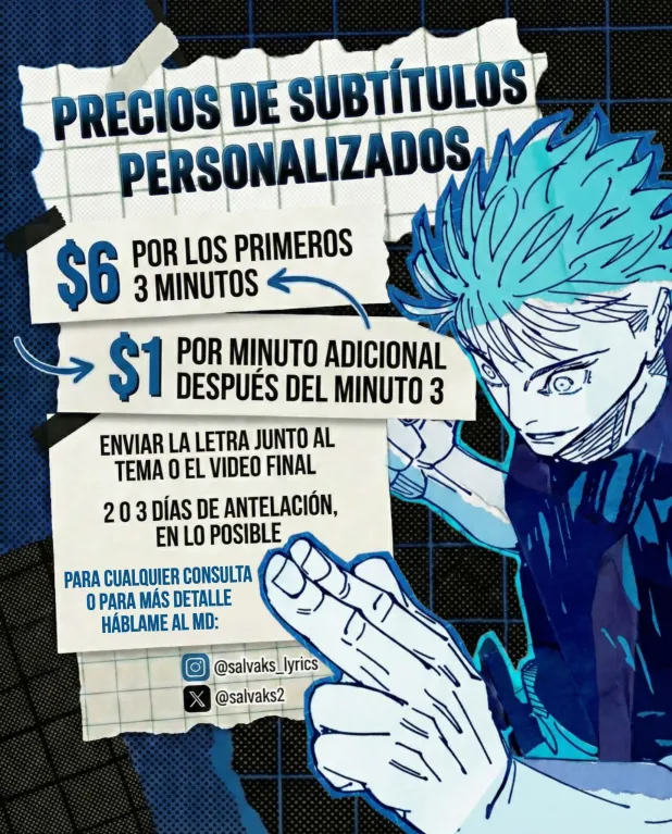 COMISIONES DE SUBTÍTULOS PERSONALIZADOS ABIERTAS

📌 Precios para subtítulos personalizados 
💳 Métodos de pago: PayPal y Mercado Pago

🔃Un Rt ayuda mucho💙

#comissionsopen #comission