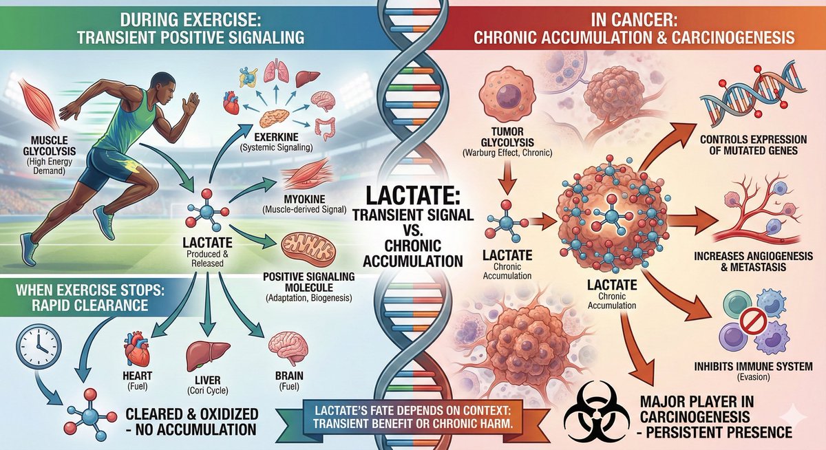 Lactate in Exercise vs Cancer: Same Molecule, Opposite Meaning

Lactate is not a waste product. It’s a central player in both peak human performance and tumor progression. However, the context defines its role.

🚴 In exercise, lactate is:
-A regulated byproduct of glycolysis
