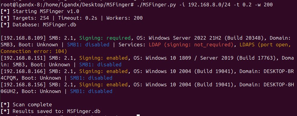 Today Secorizon released MSFinger a standalone tool that scans subnets and fingerprints windows workstations.
The tool allows you to see if SMB, ldap, ldaps signing is required, if MSSQL, RDP  services are running, SMBv1 disabled, etc
Everything is logged in a sqlite db.
 
This