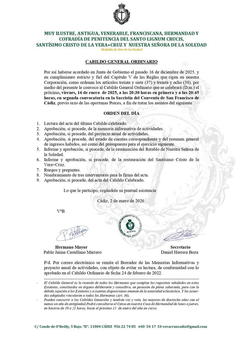 *Cabildo General Ordinario*

•Viernes 16 de enero

•20:30H en primera y 20:45H en segunda

•Sacristía del Convento de San Francisco