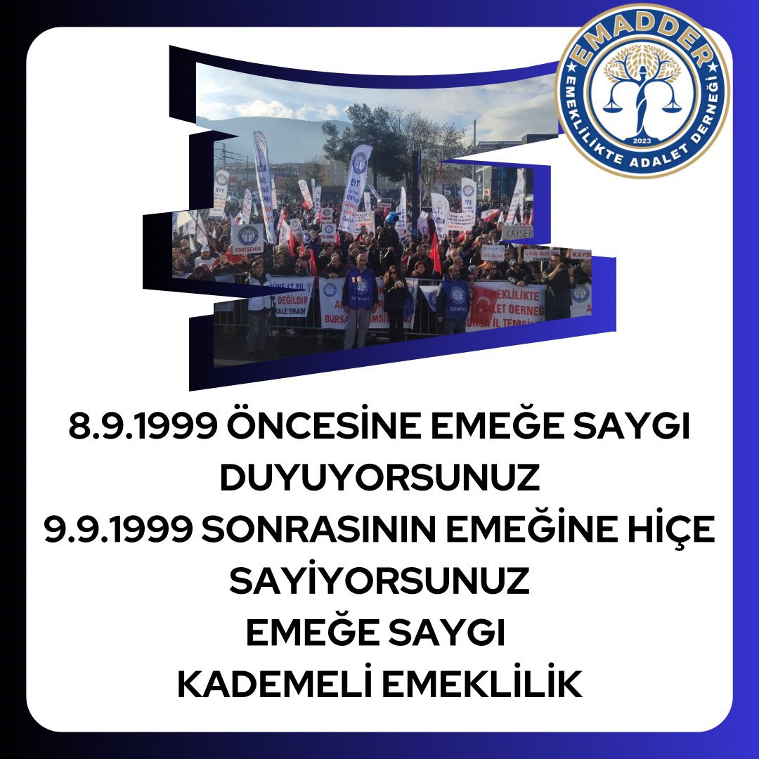 Emekçinin hakkını ertelemek reform değildir.
Bu mağduriyet sona ermeli.
Kademeli emeklilik artık şart!

<a href="/isikhanvedat/">Prof. Dr. Vedat Işıkhan</a>
<a href="/RTErdogan/">Recep Tayyip Erdoğan</a>
<a href="/AvOzlemZengin/">Av. Özlem Zengin 🇹🇷</a>
<a href="/Akparti/">AK Parti</a>
<a href="/EmadDernegi/">EMEKLİLİKTE ADALET DERNEĞİ ⚖️</a>
#BuYılKademeYılı