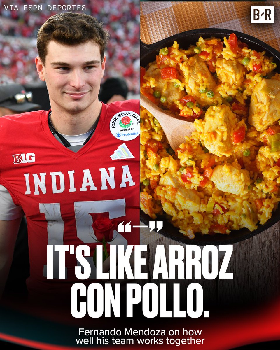 BleacherReport's tweet image. Fernando Mendoza tapped into his Cuban background to describe how well Indiana is playing together 🤣🇨🇺

(Via ESPN Deportes)