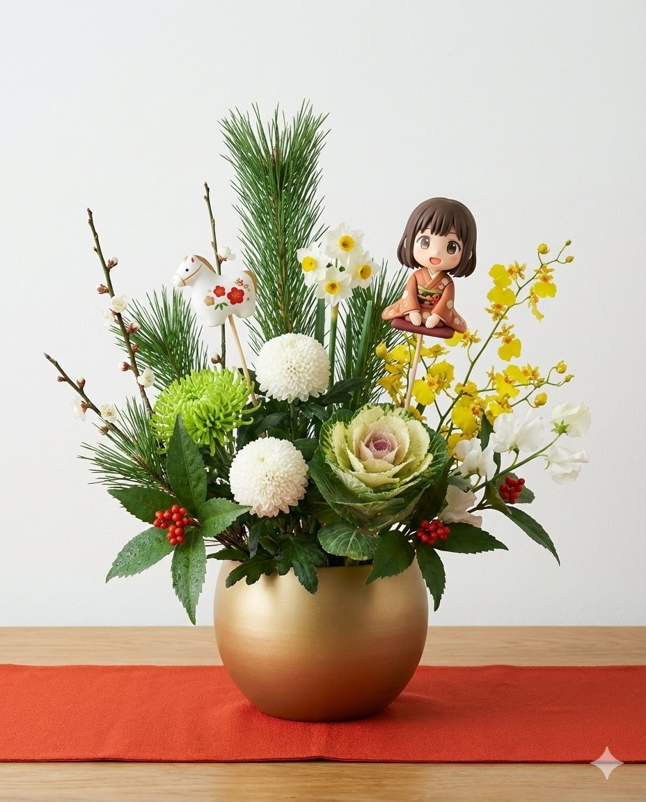 愛さまオーダーお正月アレンジ完成 アイコさんのプロンプトをお借りして、お正月フラワーアレンジメント