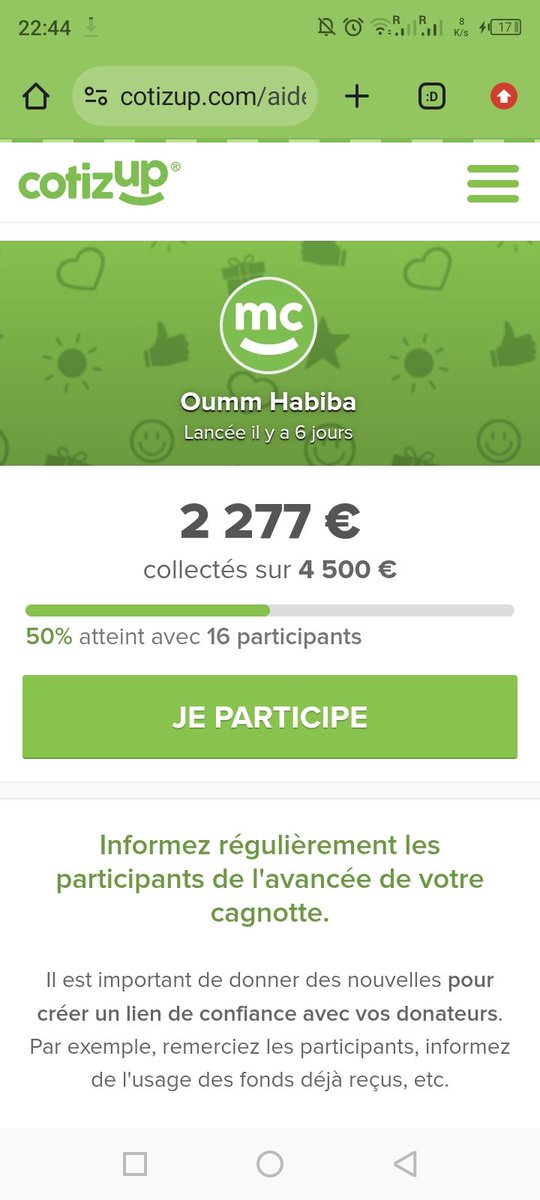 Je partage cette cagnotte pour l'un de nos frères étudiants.

qu'Allah lui facilite et le soulage
 cotizup.com/aide-frere-etu…