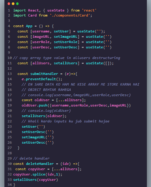 HassanSheriyans's tweet photo. Day 3 React ⚛️

Built a mini user-card app using:
useState
Controlled components
Array state + map()
Delete functionality
Learning by building 🚀
#ReactJS #ReactHooks #useState #Day3 #Frontend #SheriyansCodingSchool #SarthakSharma https://t.co/2KPWuX1msE