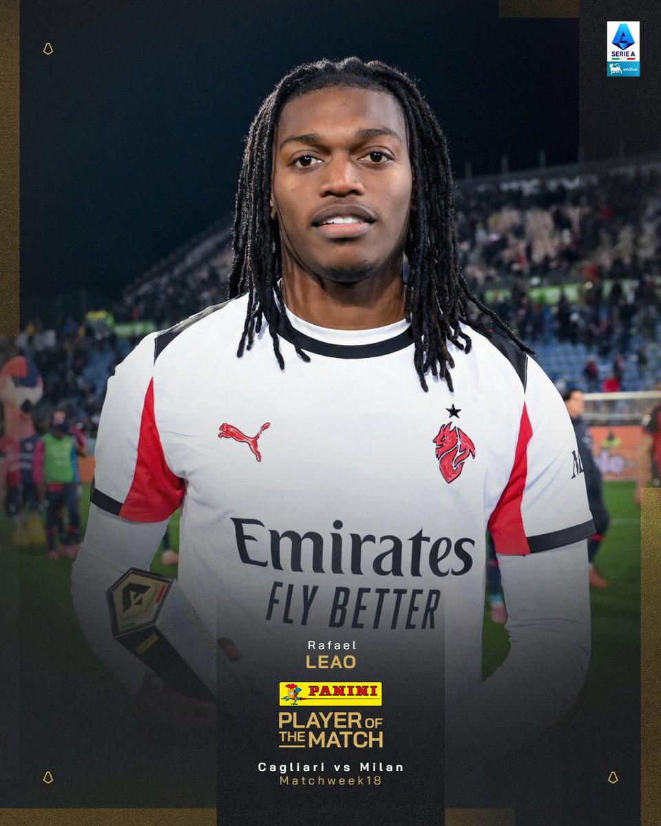SerieA's tweet image. Gol decisivo e Panini player of the match di #CagliariMilan per Rafa Leao 🏄‍♀️🇵🇹