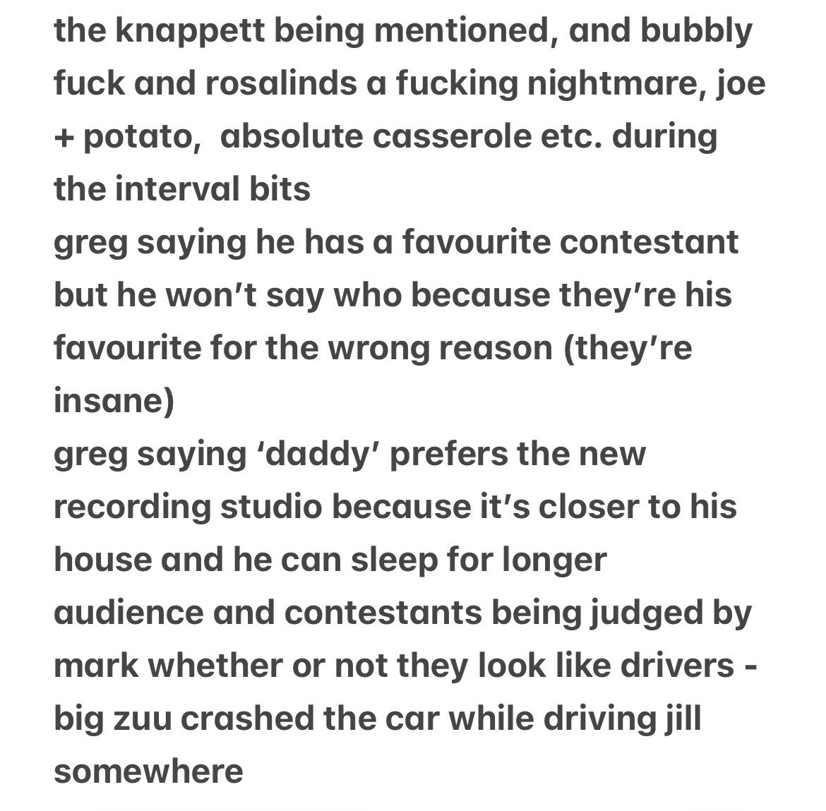 emilyedie07's tweet photo. these are not in any particular order but here are my notes from the nyt ep1 recording #Taskmaster #TaskmasterNYT https://t.co/4h1zdTYE7m