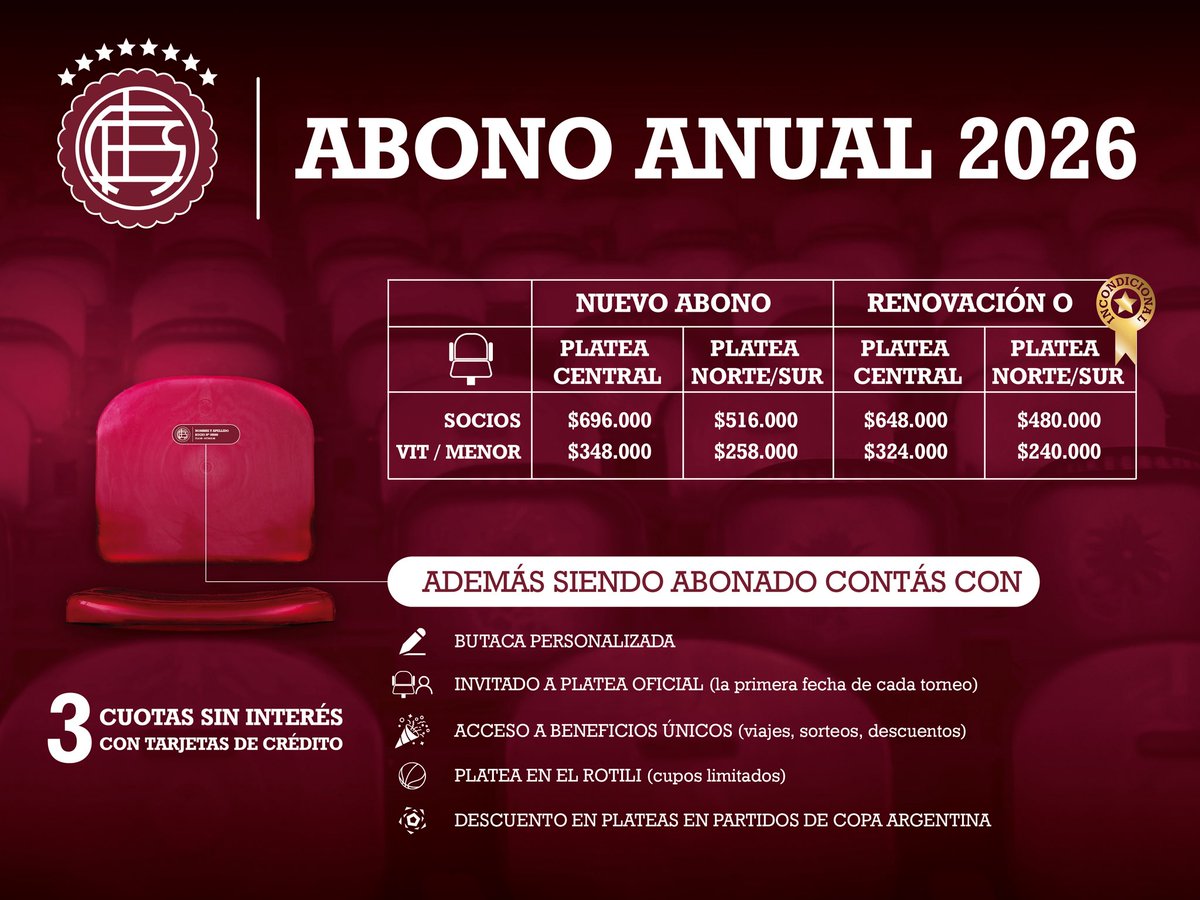 clublanus's tweet photo. 🇱🇻 𝐕𝐄𝐍𝐓𝐀 𝐃𝐄 𝐀𝐁𝐎𝐍𝐎𝐒 𝐓𝐄𝐌𝐏𝐎𝐑𝐀𝐃𝐀 𝟐𝟎𝟐𝟔
💣💥 BENEFICIOS ÚNICOS PARA VOS

🎟️ 𝗔𝗗𝗤𝗨𝗜𝗥𝗜 𝗢 𝗥𝗘𝗡𝗢𝗩𝗔 𝗘𝗟 𝗧𝗨𝗬𝗢
▪️ PRESENCIAL: en el sector de cajas de La Fortaleza (hall central) 
▪️ ONLINE: https://t.co/kIxOSK42gM 

💳 TRES CUOTAS SIN INTERÉS CON TARJETAS DE CRÉDITO

*️⃣ Válido únicamente para partidos de Liga Profesional 

WhatsApp de consultas 📲 +54 9 11 2842-0065