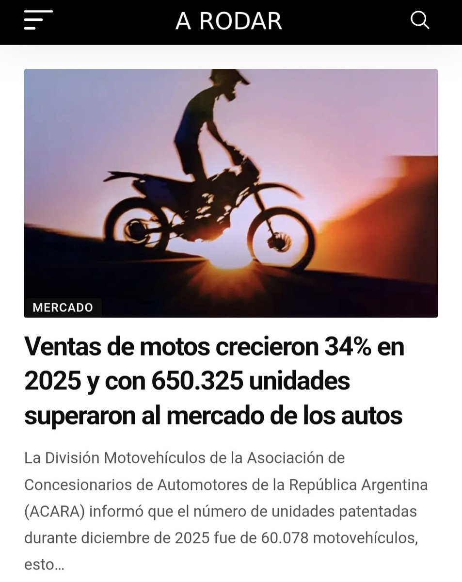 Dato. En 2025 se vendieron más motos que autos. Los patentamientos crecieron 34% y el mercado cerró en 650.325 unidades. Honda fue la marca más vendida, pero la Gilera Smash encabezó el ranking x modelos. Toda la info y estadísticas, acá 👇 
arodarpost.com.ar