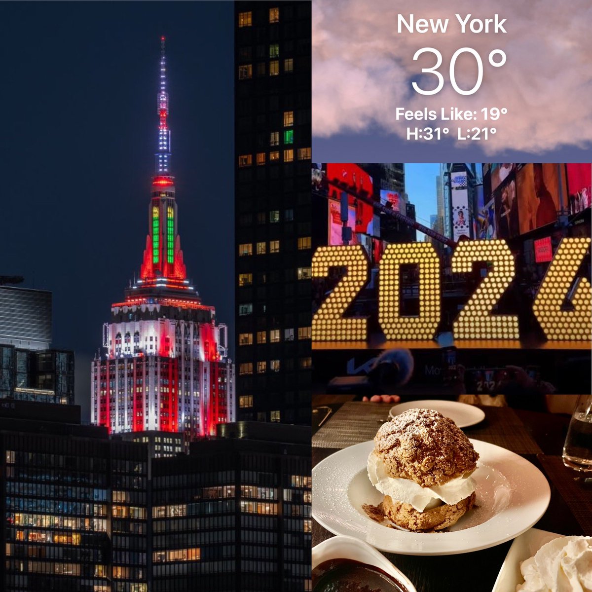 CorinnePulitzer's tweet photo. Sunset was at 4:40PM & the temps in #NYC remain frigid! As New Year celebrations continue, the @EmpireStateBldg is lit in its holiday best, while #PastryLovers celebrate #NationalCreamPuffDay, a classic! @NationalDayCal @NY1weather @HeyWhatDay @DiningGuide2Day https://t.co/zEYSOSzrrE