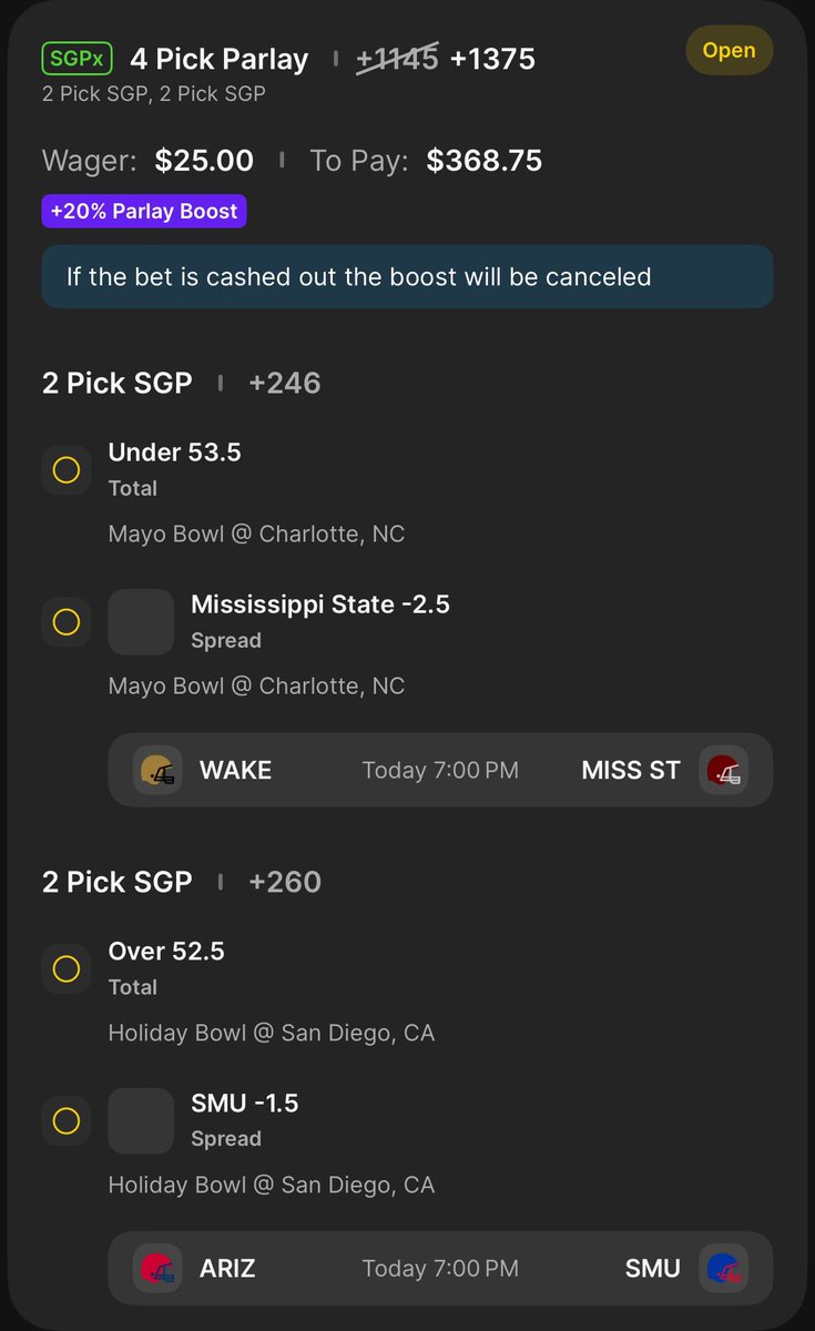 P2Locks's tweet image. College Football Play of the Day

Odds: +1375

Mississippi State is winning by 14+ today. If you don’t want a parlay, nuke Mississippi State -2.5.  SMU is also the better team vs Arizona.

#NCAAFootball #CollegeFootball #BowlSeason #parlay