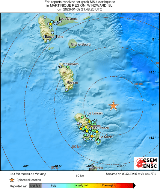 Meteouragans's tweet photo. ⚠️Tremblement de terre d'origine tectonique d'une magnitude d'environ 5.5 a été enregistré près de la Martinique à 17h48 (heure locale) ce vendredi 02 janvier 2026. 49 km au NE du Robert. Profondeur environ : 30 km.
Si vous souhaitez soutenir mon travail indépendant et préserver cette veille essentielle :
➡️FAITES UN DON ponctuel : https://t.co/WJq8piMvAQ
➡️FAITES UN DON récurrent : https://t.co/xXAeZOz3eG