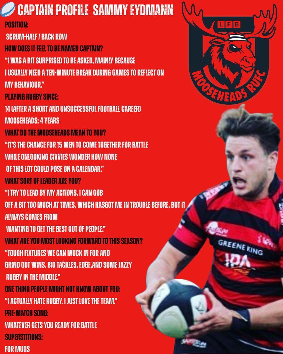🫎 Introducing Our New Captain – Sammy Eydmann 🏉

Sammy brings a huge amount of experience to the role, having played over 10 years at National 1 level with Blackheath 🏟️, represented Kent, played for England Deaf Rugby, and the Mooseheads shirt for the past four years ❤️🫎