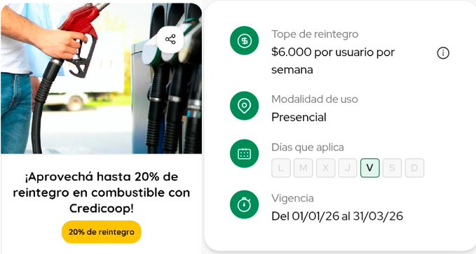 ahorrotwit's tweet image. Todos los viernes hasta el 31/3 usando @MODO_Arg con tus tarjetas @credicoop tenés un 15% de reintegro con tope de $4500 x semana en #Combustible y 5% adicional si cobras sueldo en el banco!!

Acumulan con el 10% en #Quantium usando el cupón de #Axion con tope $5000 x mes Niveles