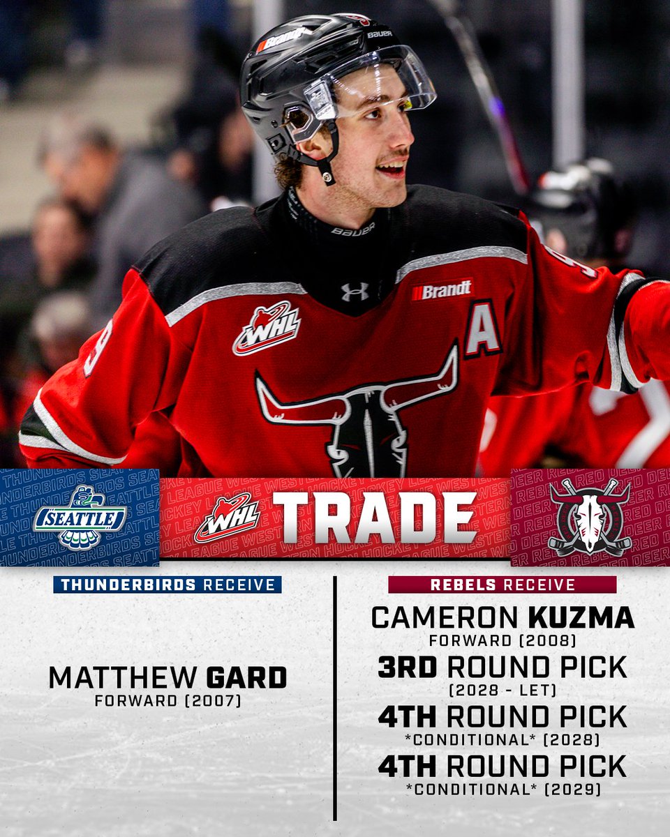TheWHL's tweet photo. Changing of the Gard. 

@NHLFlyers prospect Matthew Gard has been acquired by the @SeattleTbirds in exchange for 2008-born forward Cameron Kuzma and three #WHLDraft selections.

📝 | https://t.co/UUbCaFCwJt https://t.co/wR2TqjCANF