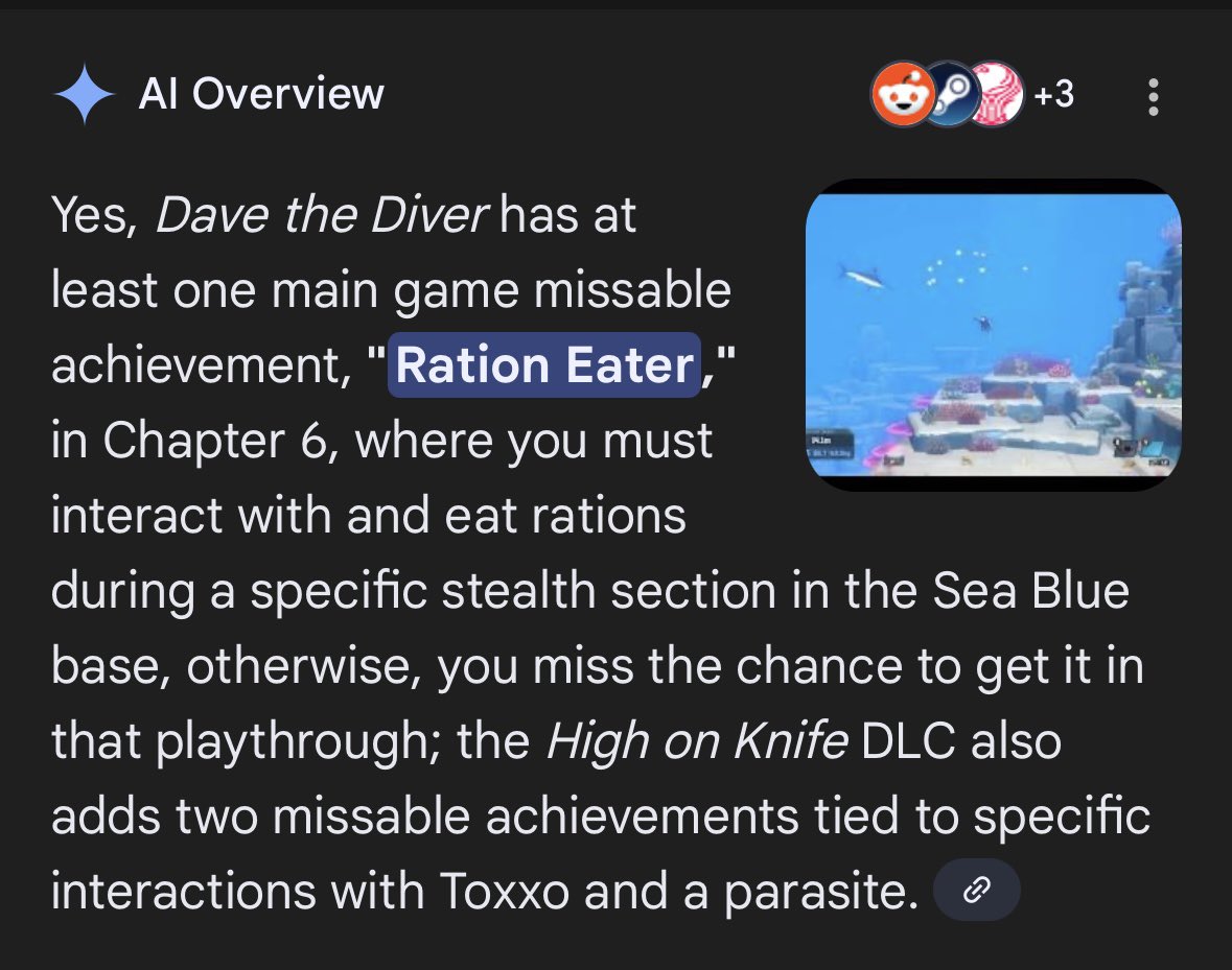 big_old_tom's tweet photo. Thank you, Google AI overview, for letting me know that Dave the Diver does indeed have a missable achievement, &amp; also letting me know that the High on Knife DLC for High on Life has two missable. Exactly what I was looking for when I googled Dave the Diver missable achievements. https://t.co/OWE9pV3nVw
