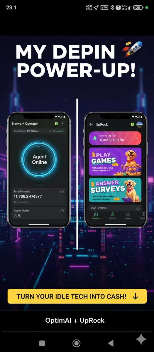 AfricaRein15667's tweet photo. My top 2 #DePIN picks for 2026! 🚀💸
​I'm earning daily rewards with zero effort using my idle devices.
​1️⃣ @OptimaiNetwork: Decentralized AI infrastructure https://t.co/sLe5iM4wgs
​2️⃣ @UpRockCom: Sharing unused bandwidth on Solana 
https://t.co/vbG7nwndSL
#PassiveIncome #crypto https://t.co/0VrrofVJeF
