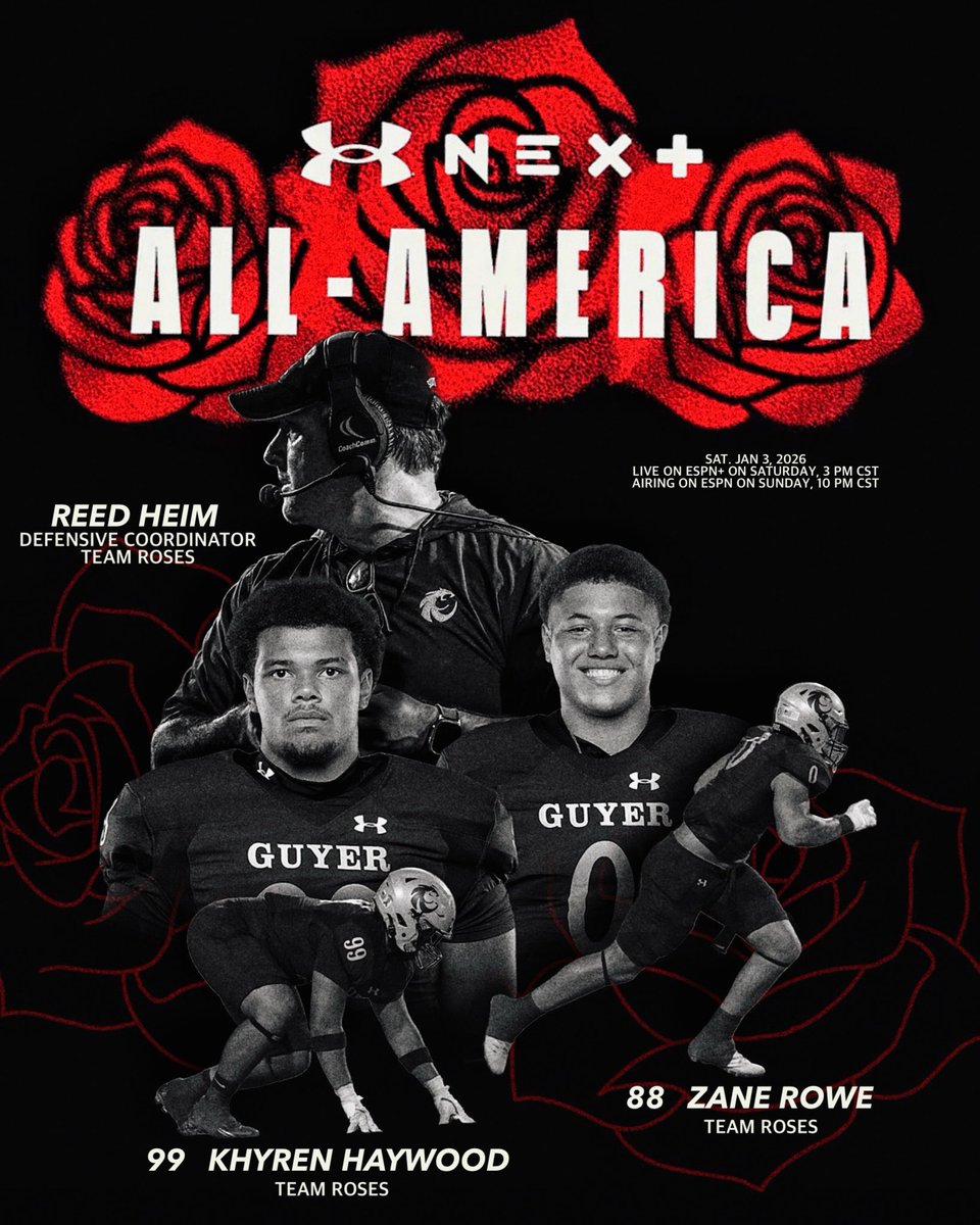 DentonGuyer_FB's tweet image. 𝟐𝟎𝟐𝟔 𝐔𝐀 𝐀𝐥𝐥 𝐀𝐦𝐞𝐫𝐢𝐜𝐚 𝐆𝐚𝐦𝐞

Coach Heim, Zane Rowe, and Khyren Haywood will be leading Team Roses tomorrow at the Under Armour All-America Game!

🗓️Tomorrow, Jan 3rd
🕒 3:00 CST 
📺 shorturl.at/y1Pol

#Southside | #DifferentBreed