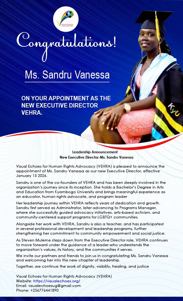 visual_for's tweet image. We are excited to announce the appointment of Ms. Sandru Vanessa as the new Executive Director of VEHRA, effective January 15, 2026.
Please join us in welcoming Sandru into this role as we continue our work for dignity, visibility, healing, and justice.