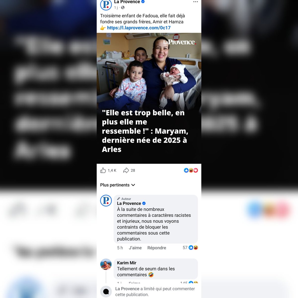 Tajmaat_Service's tweet image. 🇫🇷 FLASH - Un second nourrisson, prénommé Maryam, a également subi une vague de haine similaire, conduisant le quotidien « La Provence » à désactiver les réactions sur les deux publications, afin d’enrayer la multiplication d’insultes visant Zaïd et Maryam.

Sur les trois…