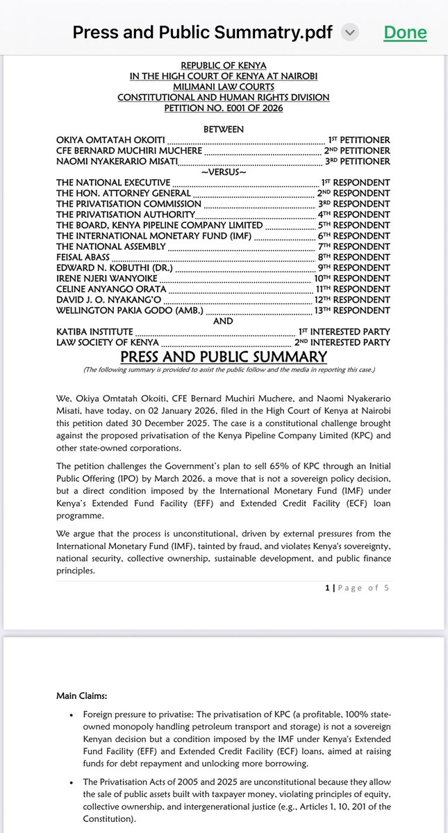 OkiyaOmtatah's tweet image. DEFENDING KENYA’S STRATEGIC ASSETS: PETITION FILED TO STOP KPC PRIVATISATION

On 2 January 2026, together with Bernard Muchiri Muchere and Naomi Nyakerario Misati, we filed a constitutional petition at the High Court of Kenya challenging the proposed privatisation of…