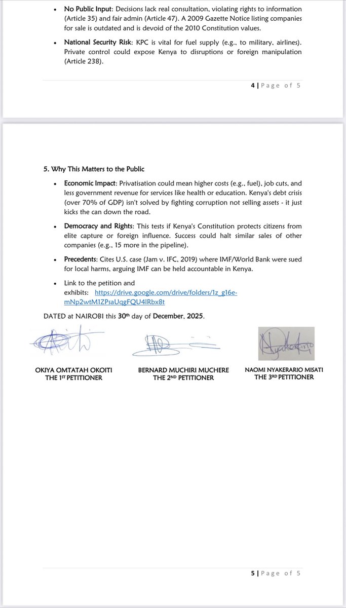 DEFENDING KENYA’S STRATEGIC ASSETS: PETITION FILED TO STOP KPC PRIVATISATION

On 2 January 2026, together with Bernard Muchiri Muchere and Naomi Nyakerario Misati, we filed a constitutional petition at the High Court of Kenya challenging the proposed privatisation of