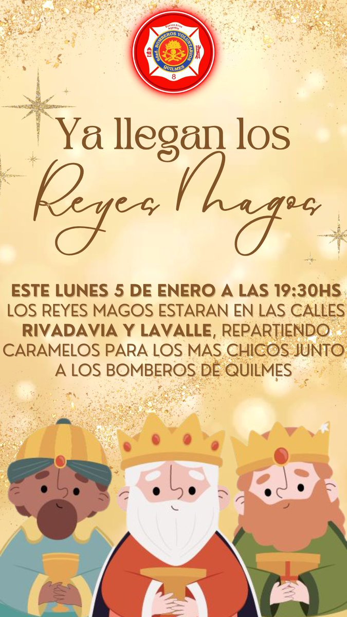 Ya lleguen los Reyes Magos a Bomberos de Quilmes 🤴🏻👨🏻‍🚒

Los Reyes Magos junto a los Bomberos de Quilmes como todos los ańos van a estar repartiendo caramelos para los más chicos

📆 Día 05 de enero
🗺️ Punto de encuentro: Lavalle y Rivadavia
⌚️ A las 19:30 hs

Los esperamos!