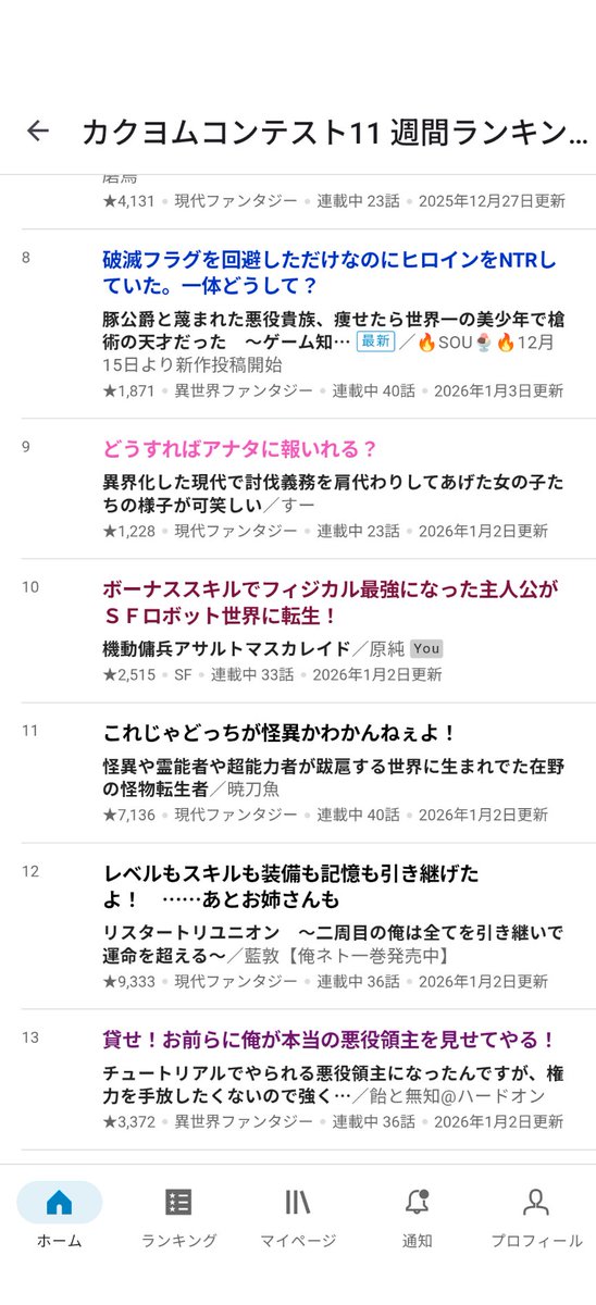 おかげさまでカクコン11プロ作家部門で1位いただきました