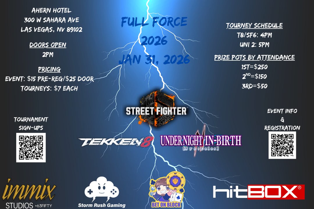 StormRushGaming's tweet image. Happy 2026 Everyone,

As we head into the start of another fantastic year, we've got a special announcement for all our T8, SF6, &amp;amp; UNI 2 players.

We are joining forces once again with Immix Alliance to showcase a blend of esports and break dancing as Full Force 2026 returns.