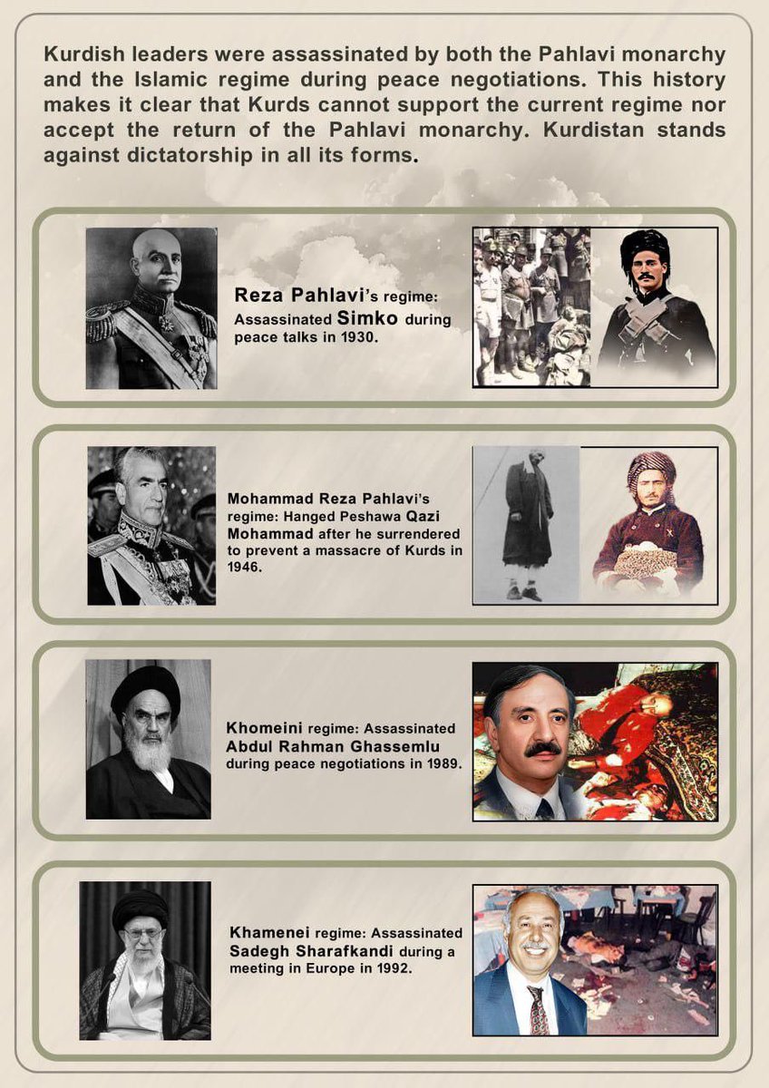 _jvd9's tweet image. History has shown that neither the Pahlavi monarchy nor the Islamic regime respected Kurd’s rights, and that we cannot trust them with our lives. Kurdish leaders were both executed in Iran, and assassinated in Europe.
That is why we reject both the current regime and any return…