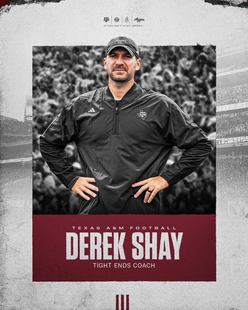AggieFootball's tweet image. Welcome to Aggieland, @CoachDerekShay! 👍

Derek Shay joins our staff as the Tight Ends Coach.  

#GigEm | aggi.es/3LuGj49