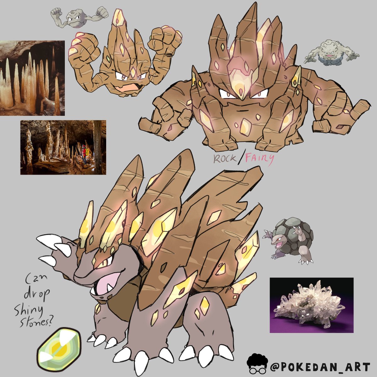 Stalagmite Crystals! 🪨💎✨#WIP
Regional Geodude evolution line inspired by stalagmites, rock columns rising from the floor of a cave. It is said that the shiny crystals on its body can glow and also evolve some Pokémon  👀

Available soon! 

#Pokemon  #Fakemon #Art